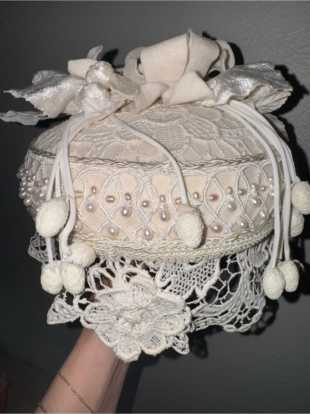 Ivory Ring bearer beaded lace pillow.